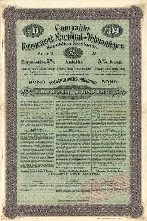 1904 Compania del Ferrocarril Nacional de Tehuantepec Bond with PASS-CO Authentication - 5%, £100 Sterling, 2,040 Marks, Series B Bond